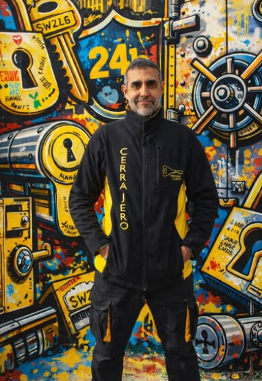 Rubén, de Serralleria Catalana, mirando a cámara con su ropa de trabajo